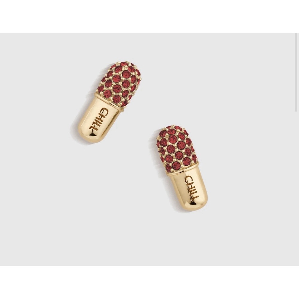 ❤️ V COTERIE x Figs ❤️ Chill Pill Pave Stud Earrings Burgundy Gold Tone